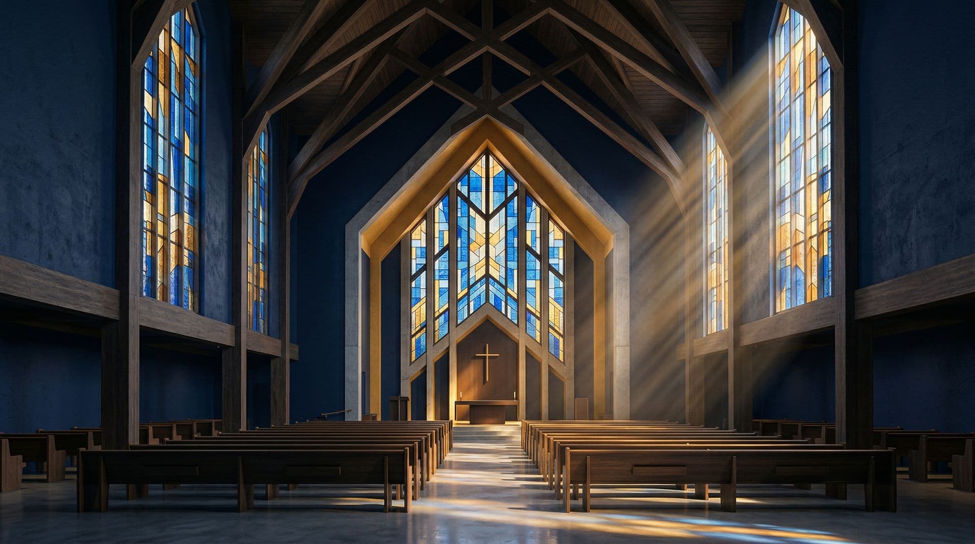 Modern church sanctuary with stained glass